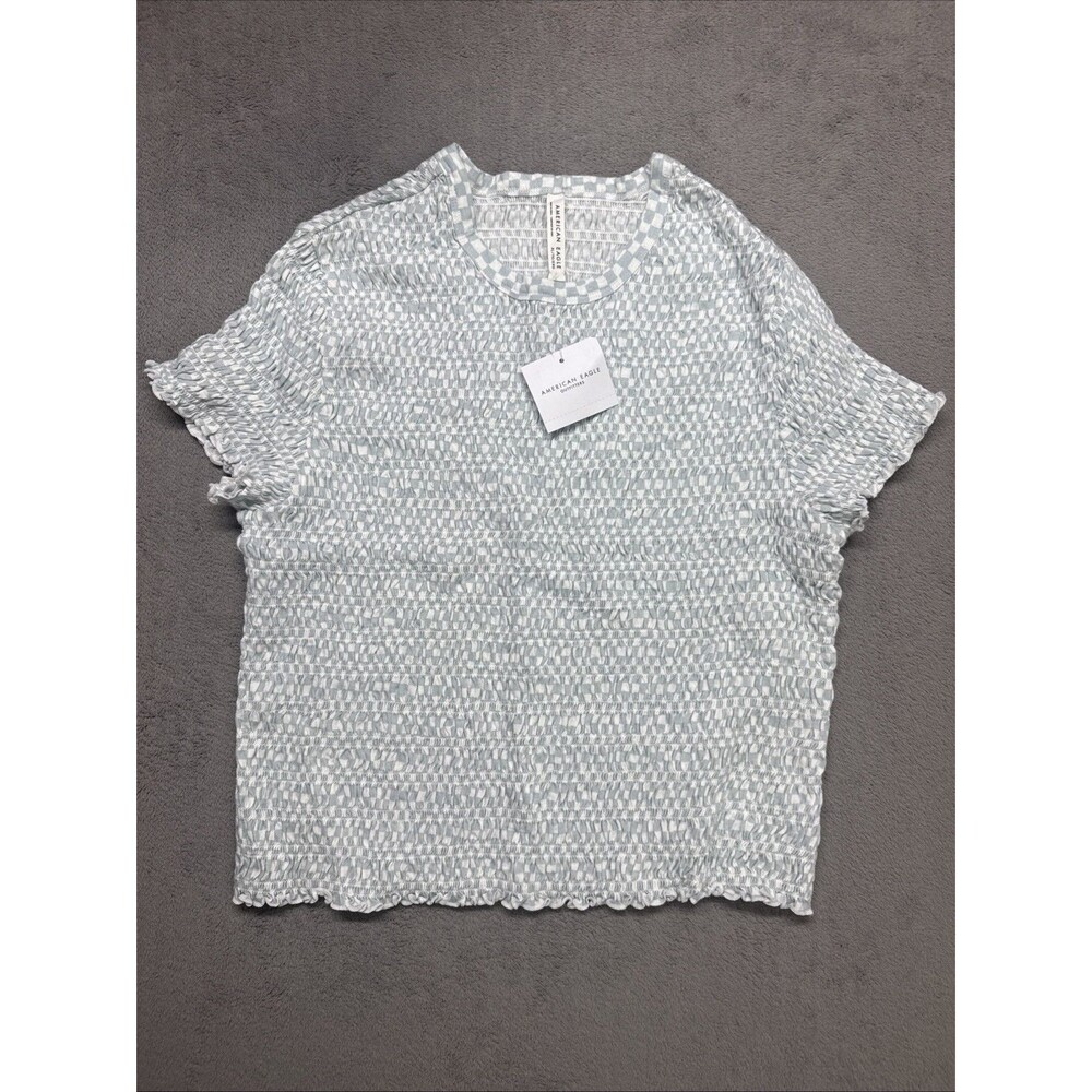 American Eagle Smocked Top Boho Cottagecore Blue White Checkerboard Womens XL
